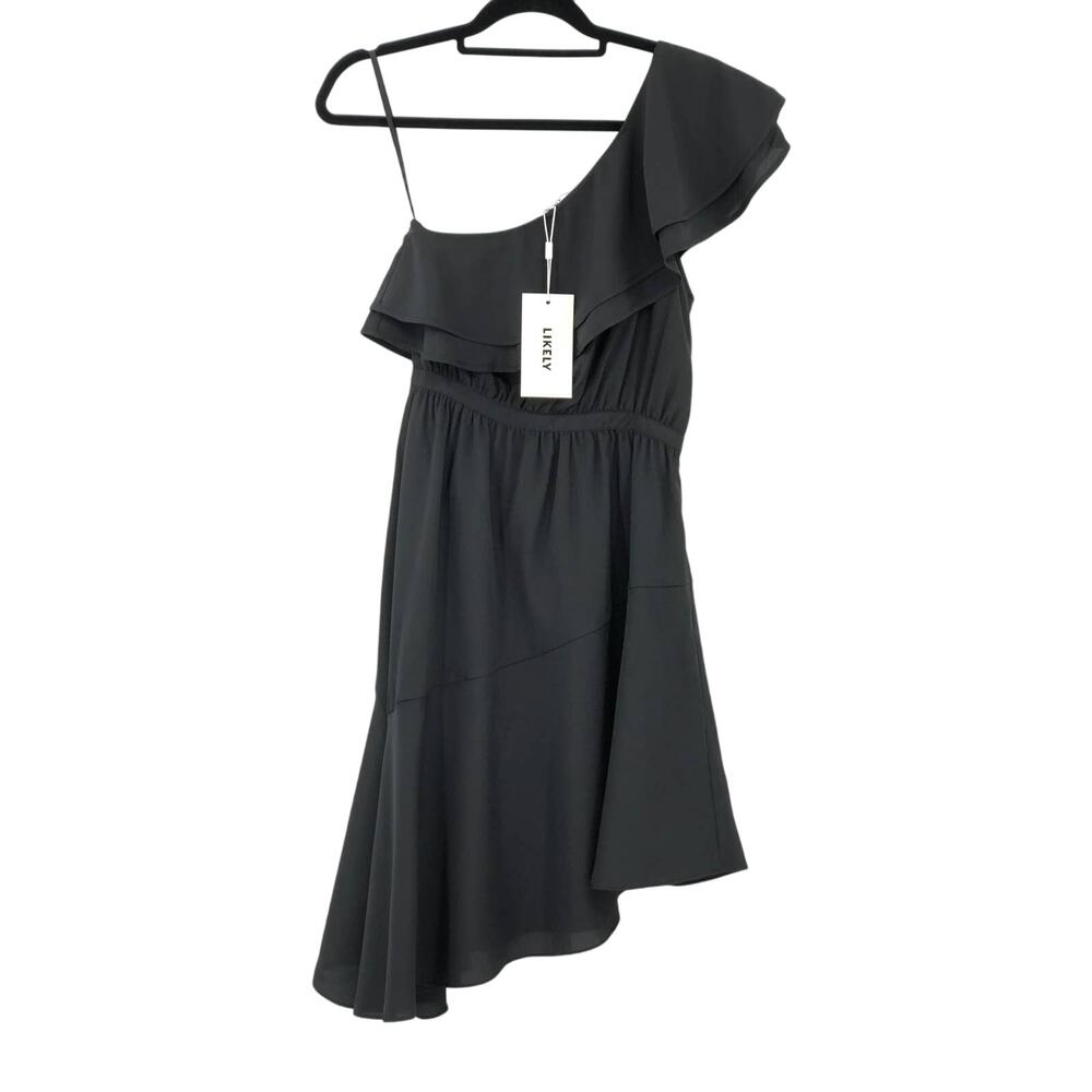 Likely Black Delbarton One Shoulder Ruffle Asymmetrical Sleeveless Zip Dress